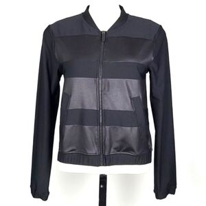 MPG Women's Black Bomber Jacket Horizontal Faux Leather Bands Size Small